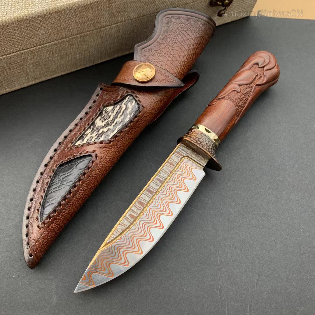 Collectible Handcrafted Copper Damascus Steel Knife Full Tang Desert Ironwood - AK-HT0910-1