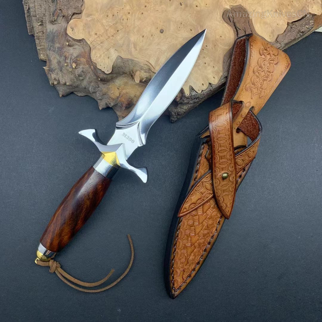 Handmade Dagger M390/Damascus Blade Knife Double Cutting Edge W/ Sheath Wood Edc - AK-HT0613