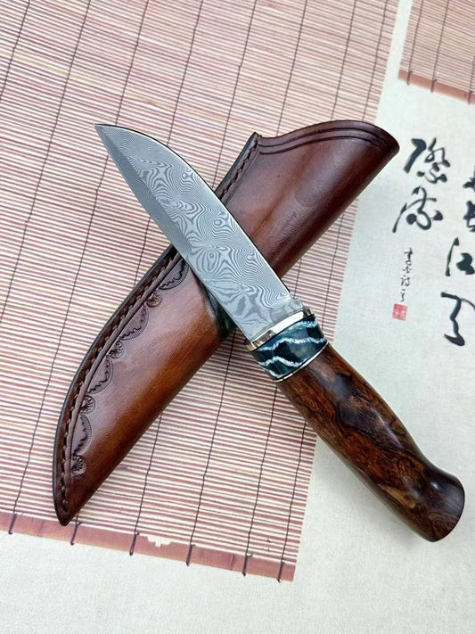 VG10 Damascus Fixed Blade Knife – Desert Ironwood, Rosewood & Mammoth Molar Fossil Handle - AK-HT1051
