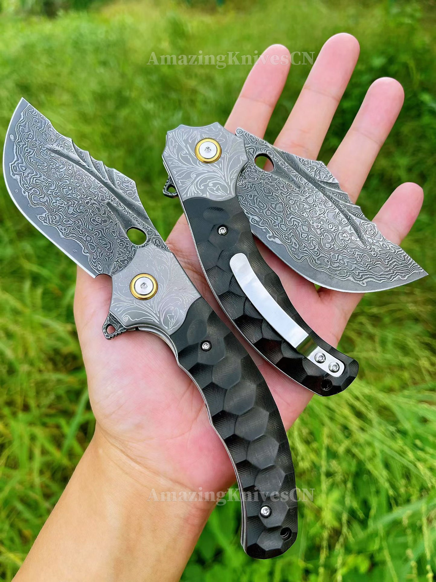 Heavy-Duty Damascus Folding Knife – VG10 Bearing Quick-Open, Ebony Handle, Collectors’ Edition - AK-HT1008