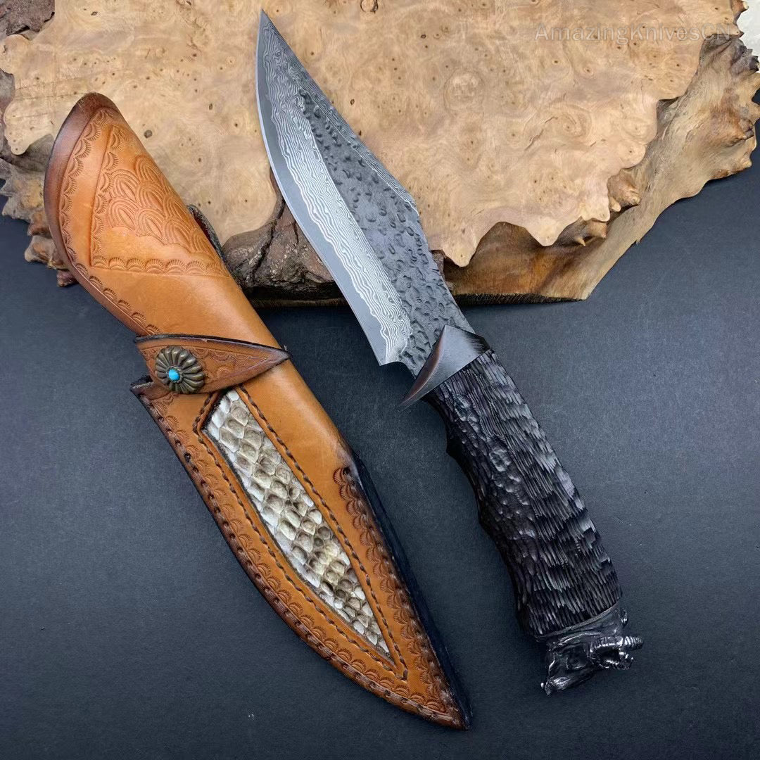 Forged VG10 Damascus Steel Hunting Knife Survival Knife Bowie Black Goat Head - AK-HT0731-D