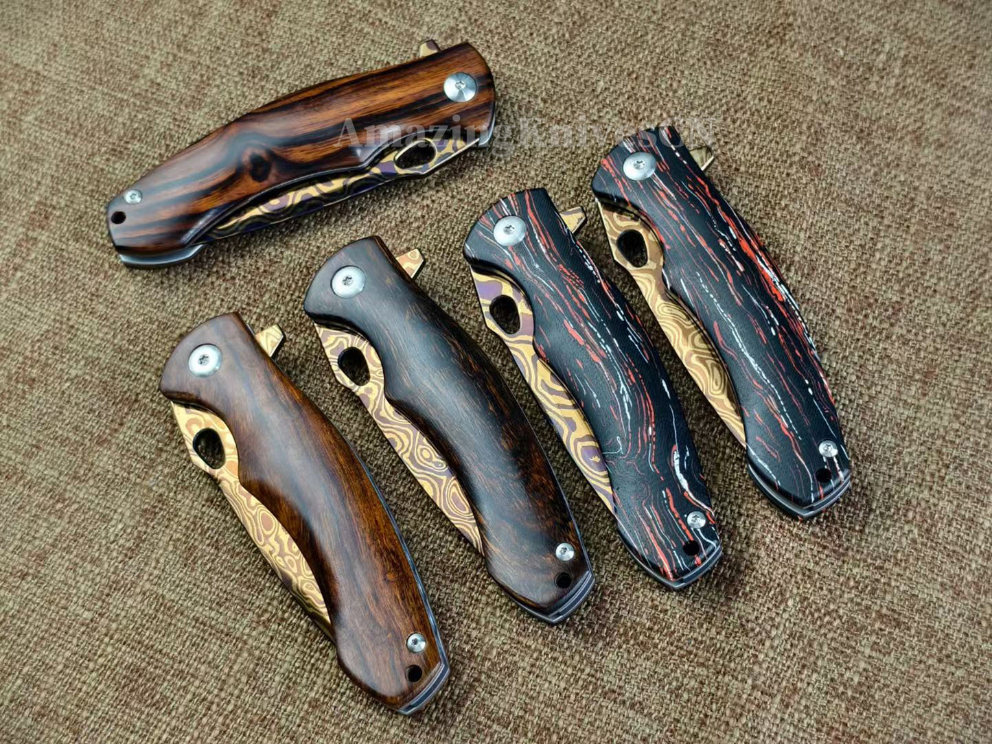 Collectible Nickel Damascus Folding Knife Pocket Knife with Leather Sheath - AK-HT1009