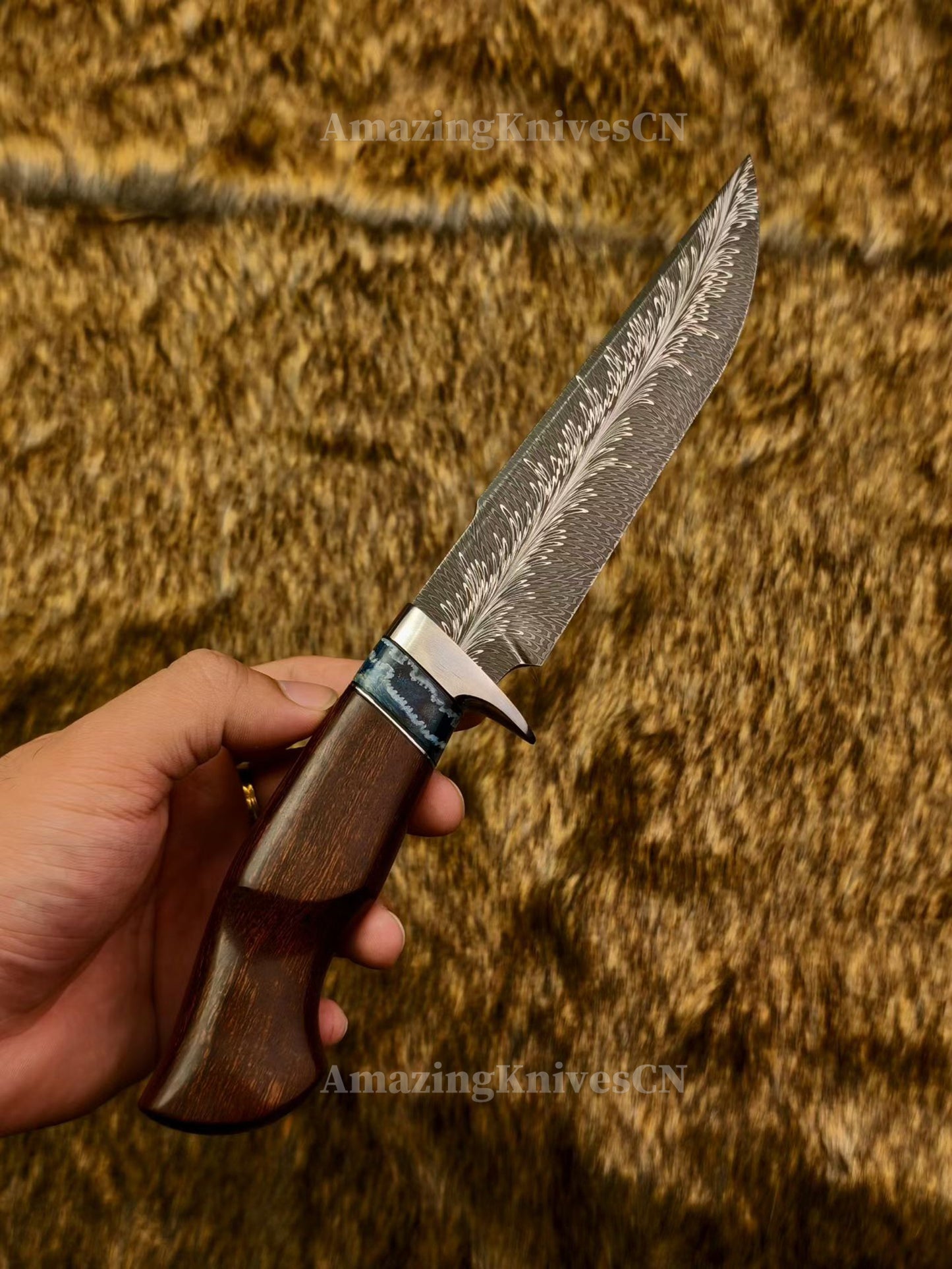 Top Tier Collectible Knife Luxury Handforged Feather Damacus Steel Bowie Knife with Leather Sheath - AK-HT1013