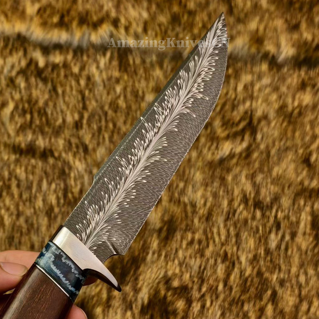 Top Tier Collectible Knife Luxury Handforged Feather Damacus Steel Bowie Knife with Leather Sheath - AK-HT1013