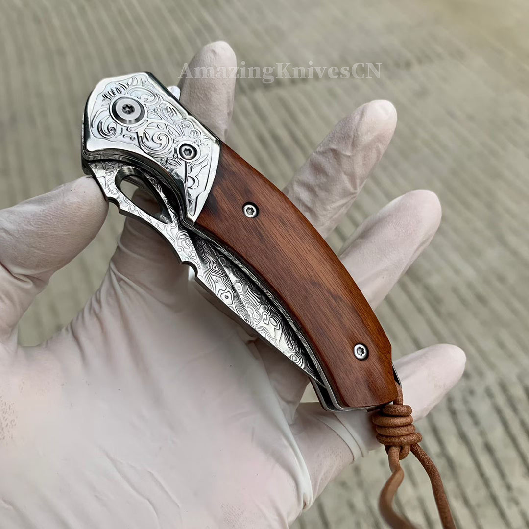 VG10 Damascus Steel Pocket Knife Desert Ironwood Handle Ball Bearing with Clip - AK-HT1012