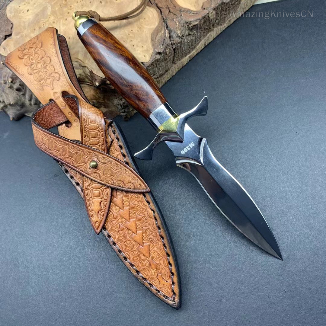 Handmade Dagger M390/Damascus Blade Knife Double Cutting Edge W/ Sheath Wood Edc - AK-HT0613