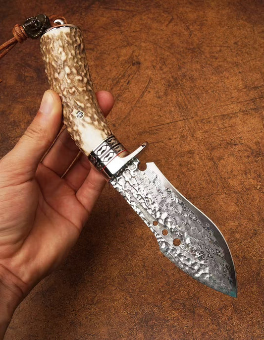 Handcrafted Hunting Knife – VG10 Damascus 67-Layer Steel, Deer Antler Handle, Artisan Leather Sheath - AK-HT1034