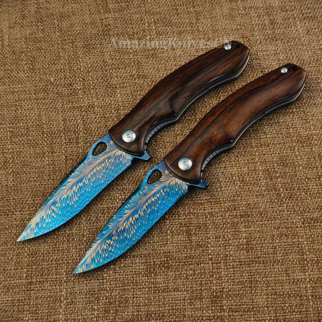 Collectible Feather Knife Folding Pocket Knife Survival Tactical Ball Bearing Flipper with Leather Sheath - AK-HT1010