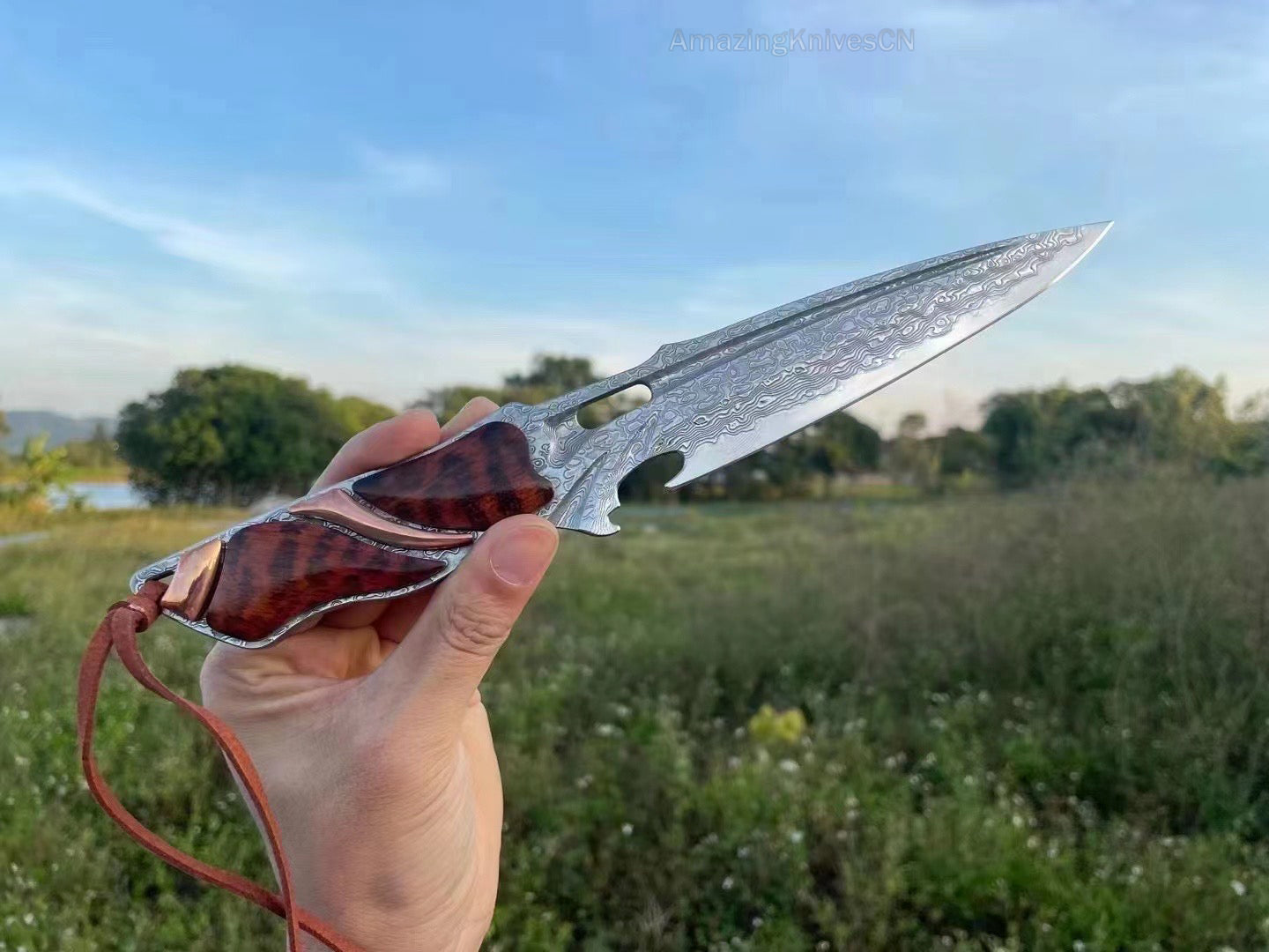 Japanese VG10 Damascus Steel Survival Hunting Knife Tactical Blood Grooved Full Tang - AK-HT0302