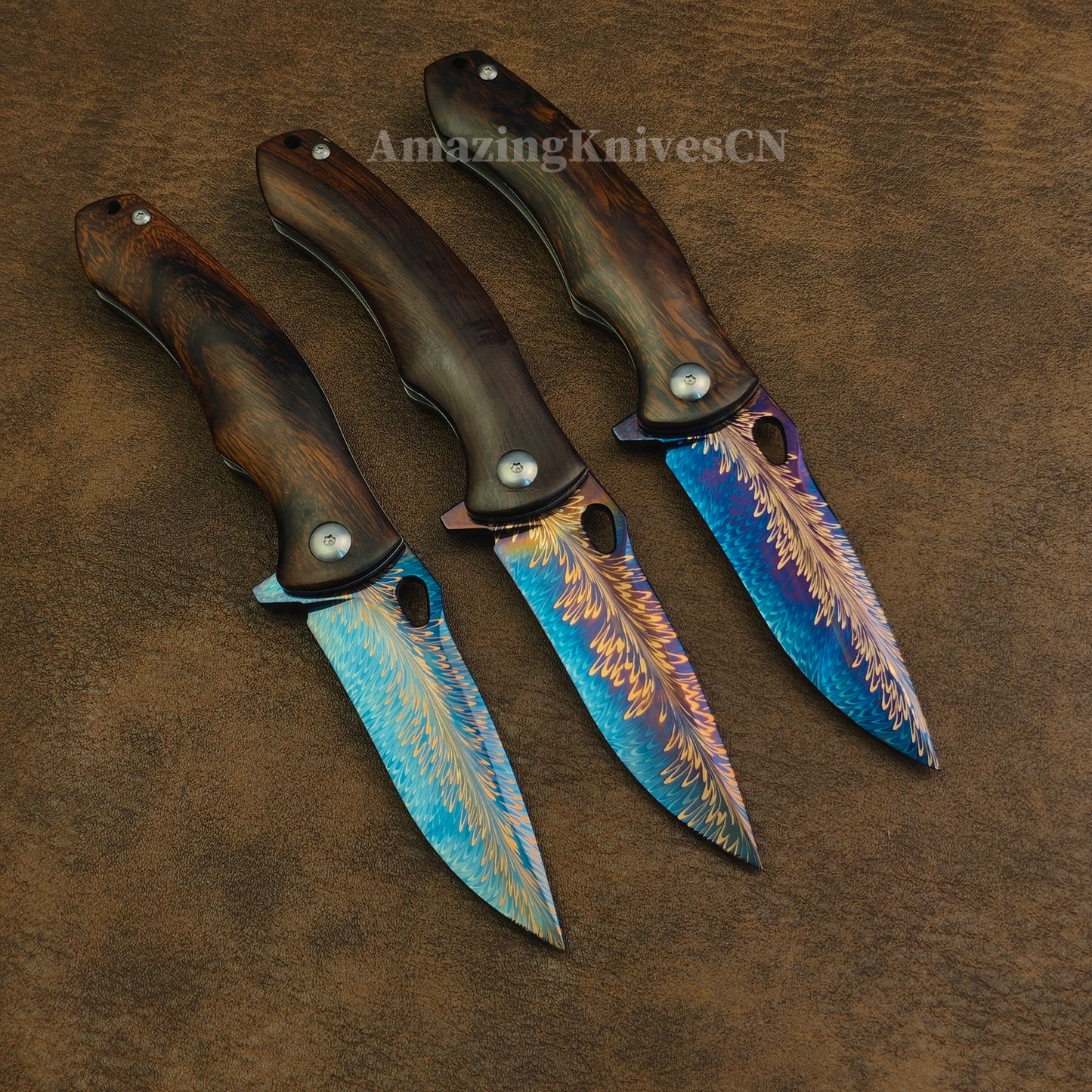 Collectible Feather Knife Folding Pocket Knife Survival Tactical Ball Bearing Flipper with Leather Sheath - AK-HT1010