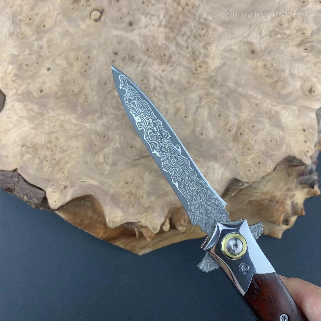 Damascus Steel Flipper Knife Folding Blade Tactical Knife Needle Point - AK-HT0919