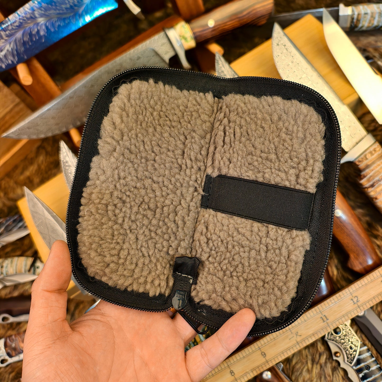 Feather Damascus Steel Folding Knife Mammoth Molar Fossil Handle - AK-HT1041