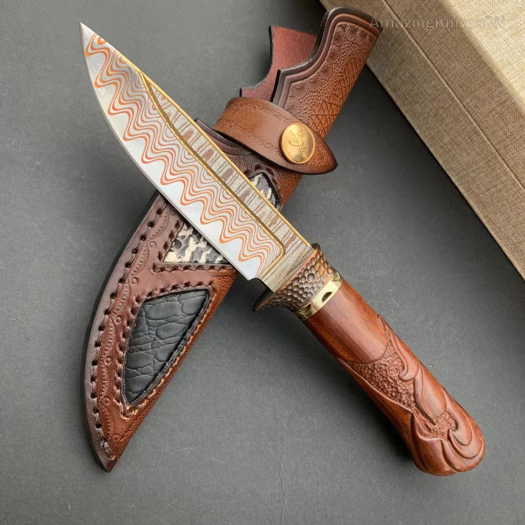 Collectible Handcrafted Copper Damascus Steel Knife Full Tang Desert Ironwood - AK-HT0910-1