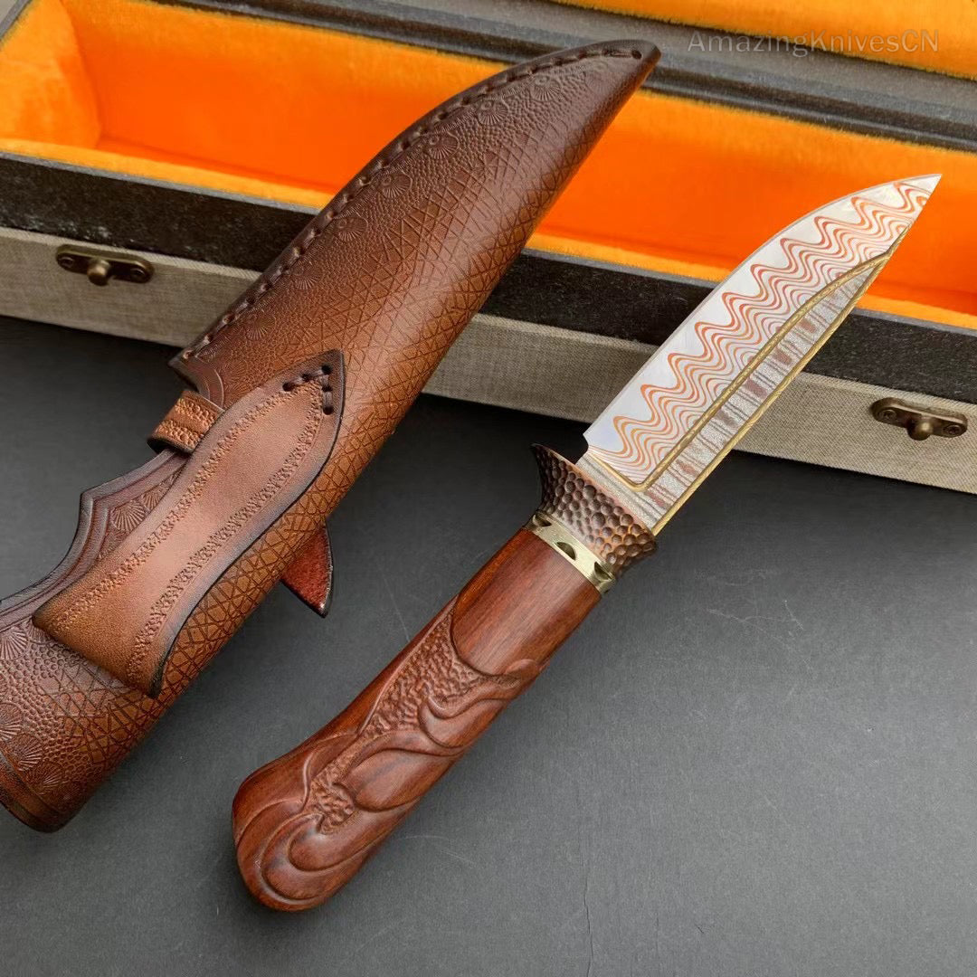 Collectible Handcrafted Copper Damascus Steel Knife Full Tang Desert Ironwood - AK-HT0910-1