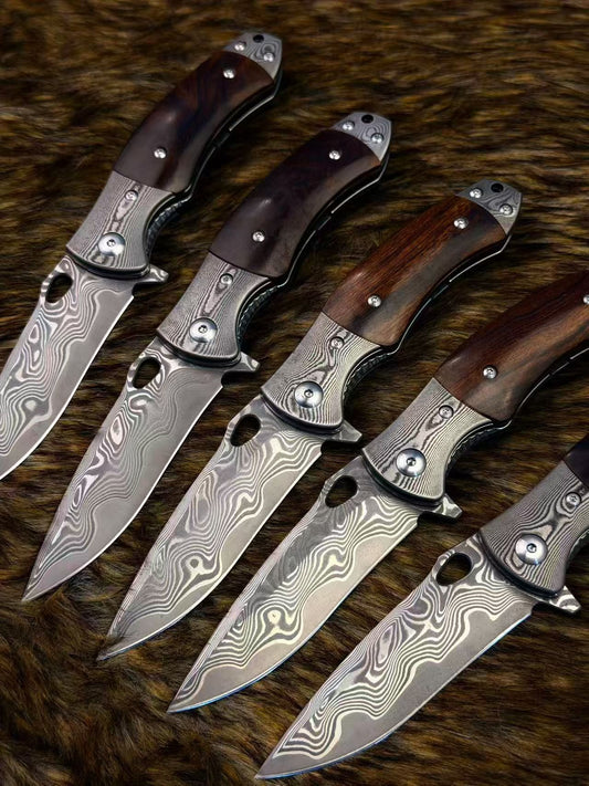 Handcrafted VG10 Damascus Steel Folding Knife Desert Ironwood Handle - AK-HT1073
