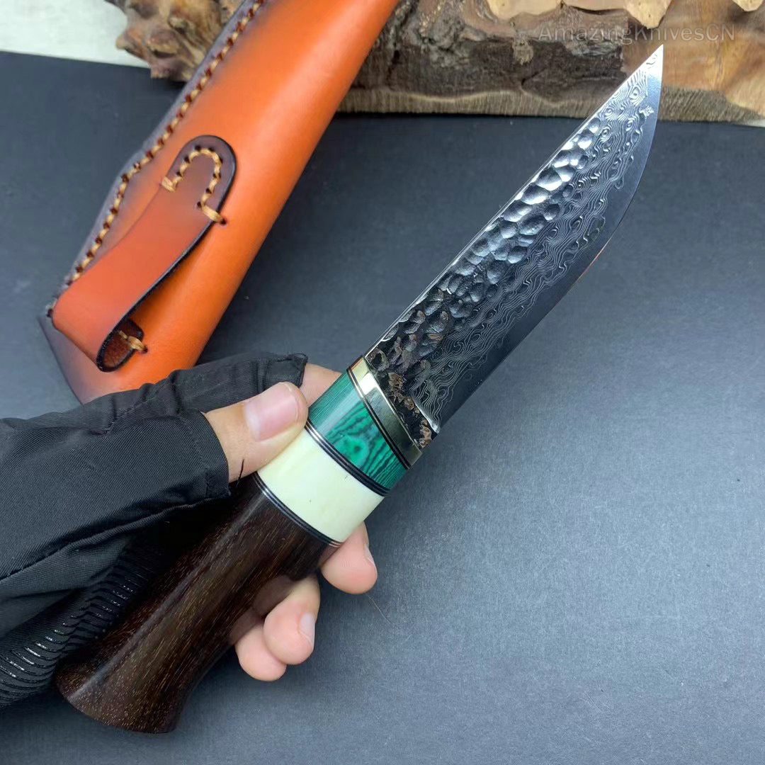 Vg10 Damascus Hunting Knife Fixed Blade Wood Handle with Sheath Camping Survival- AK-HT0367