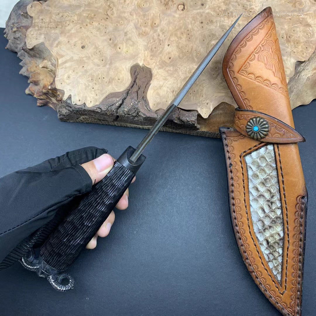 Forged VG10 Damascus Steel Hunting Knife Survival Knife Bowie Black Goat Head - AK-HT0731-D