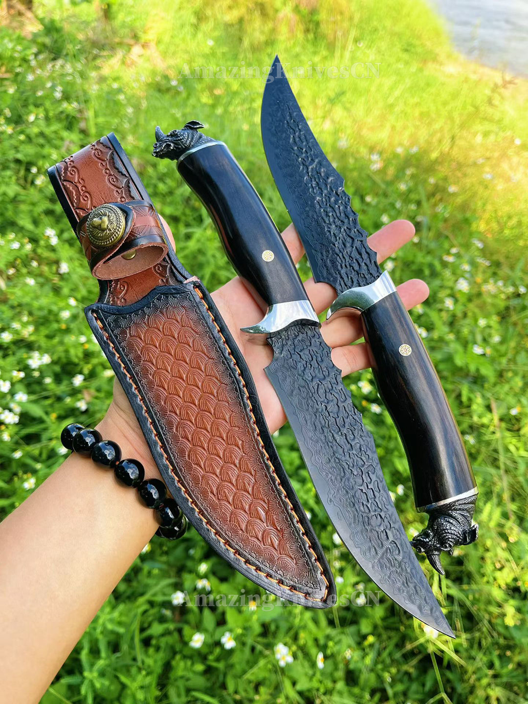 67-Layer VG10 Damascus Knife with Ebony Handle and Black Rhino Pommel - AK-HT1017