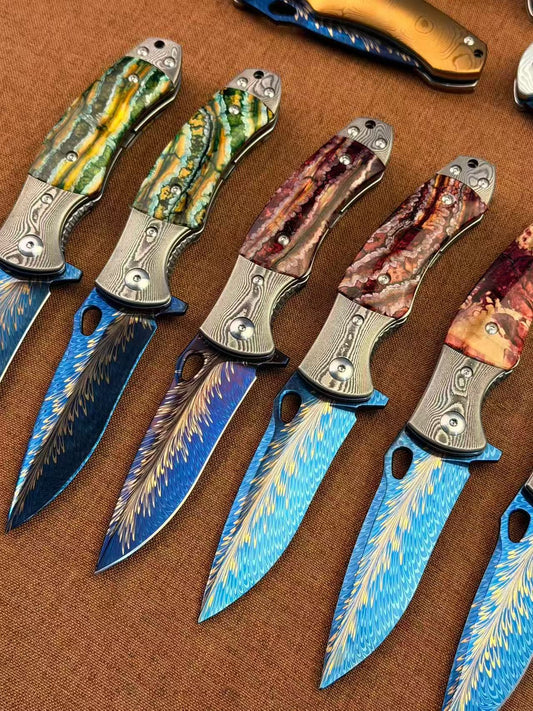 Feather Damascus Steel Folding Knife Mammoth Molar Fossil Handle - AK-HT1041 - R