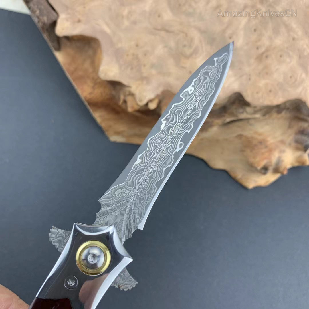 Damascus Steel Flipper Knife Folding Blade Tactical Knife Needle Point - AK-HT0919
