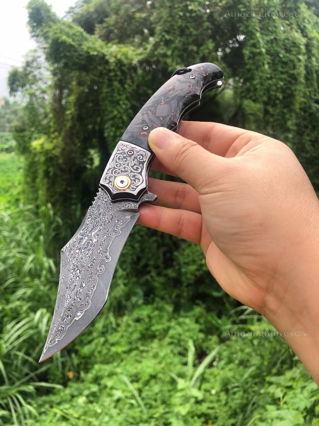 Vg10 Damascus Hunting Survival Folding Pocket Knife Carbon Fiber Ball Bearing - AK-HT0831 -C