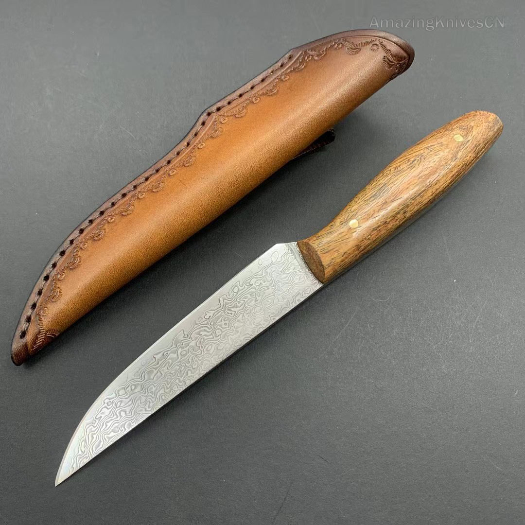 VG10 Damascus Utility Knife Paring Knife Fixed Blade Ebony Handle w/ Sheath - AK-HT0912