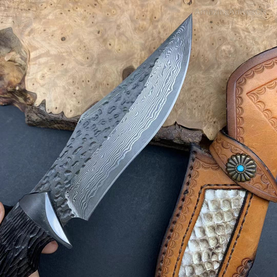 Forged VG10 Damascus Steel Hunting Knife Survival Knife Bowie Black Goat Head - AK-HT0731-D