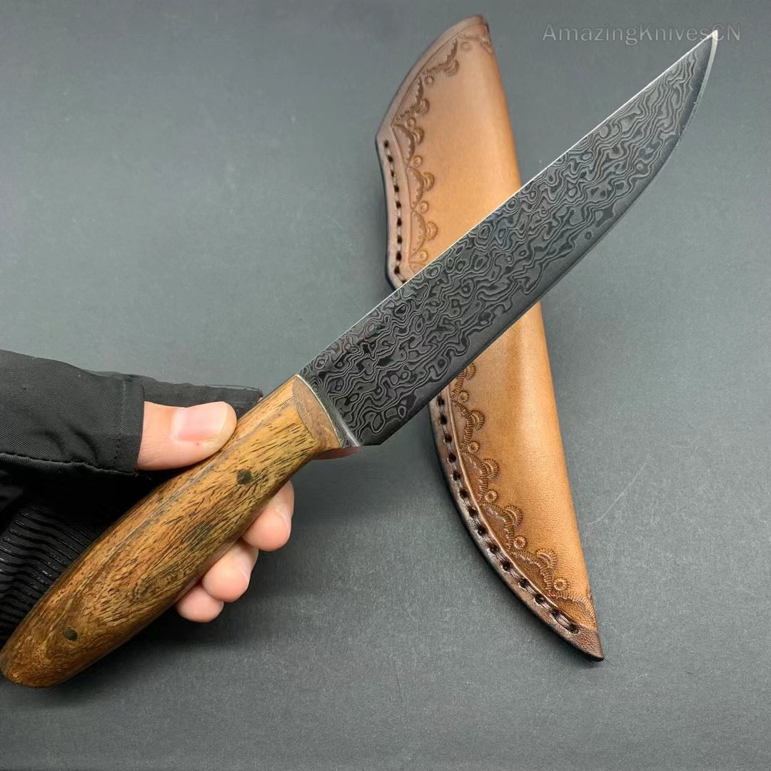 VG10 Damascus Utility Knife Paring Knife Fixed Blade Ebony Handle w/ Sheath - AK-HT0912