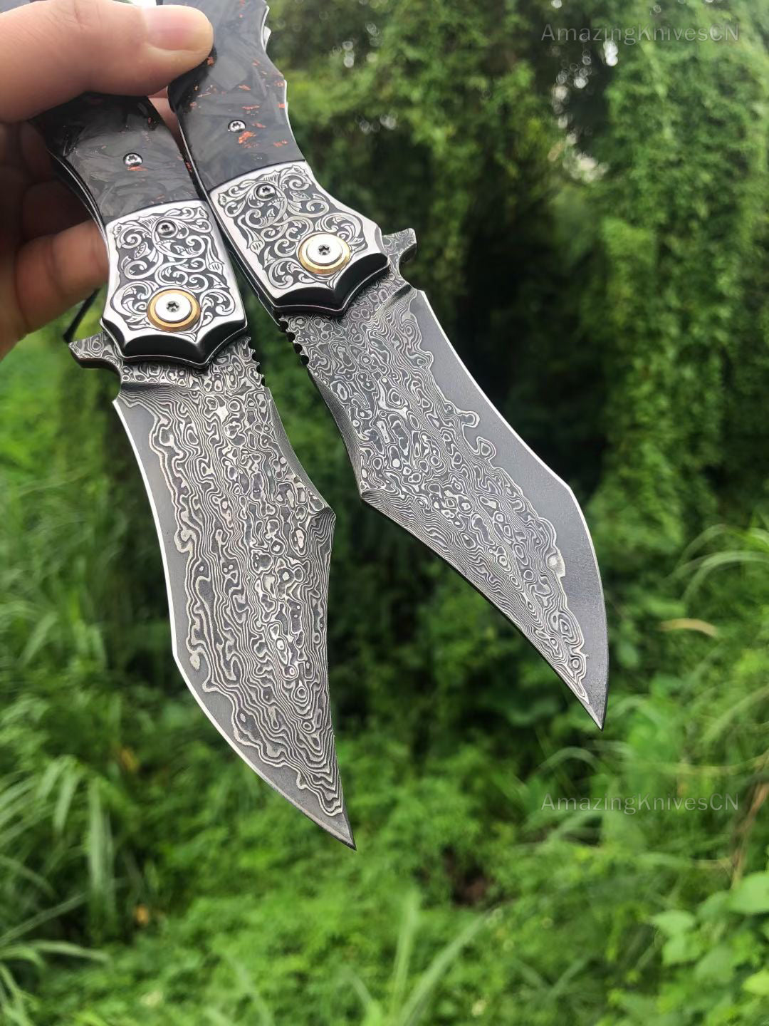 Vg10 Damascus Hunting Survival Folding Pocket Knife Carbon Fiber Ball Bearing - AK-HT0831 -C