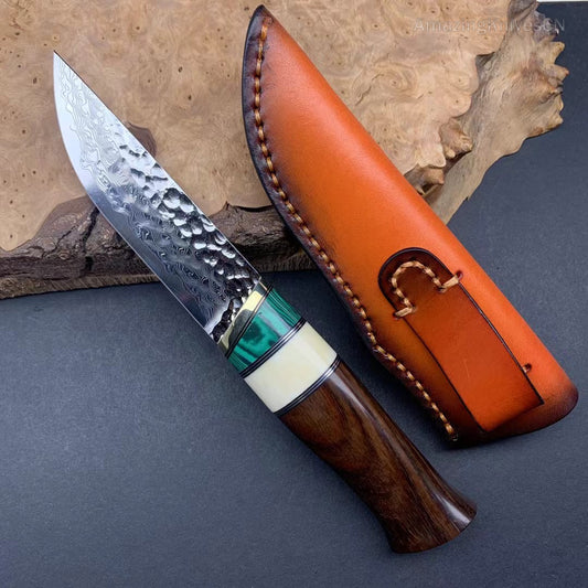 Vg10 Damascus Hunting Knife Fixed Blade Wood Handle with Sheath Camping Survival- AK-HT0367