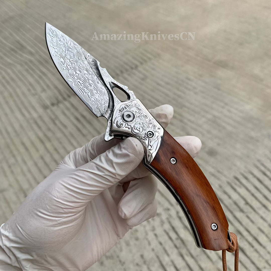 VG10 Damascus Steel Pocket Knife Desert Ironwood Handle Ball Bearing with Clip - AK-HT1012