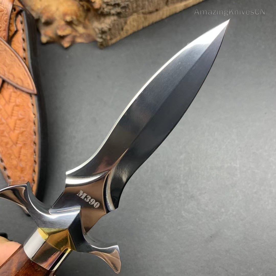 Handmade Dagger M390/Damascus Blade Knife Double Cutting Edge W/ Sheath Wood Edc - AK-HT0613