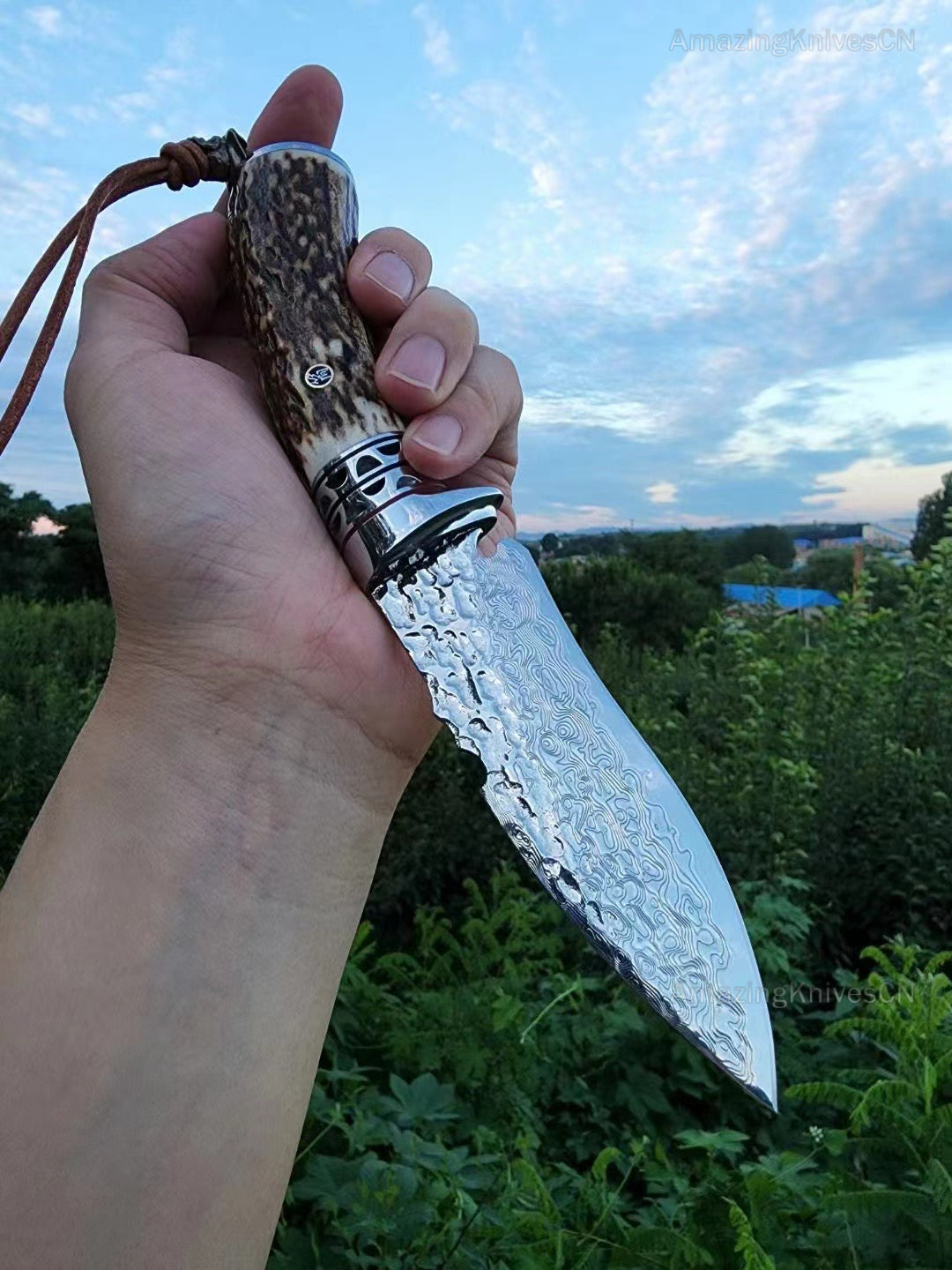 VG10 Damascus Survival knife Bowie Knife Hunting Knife Fixed Blade Stag Antler Sheath - AK-HT0915