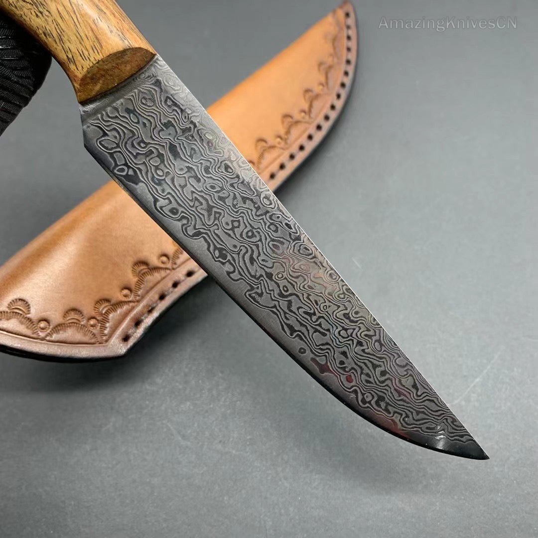 VG10 Damascus Utility Knife Paring Knife Fixed Blade Ebony Handle w/ Sheath - AK-HT0912