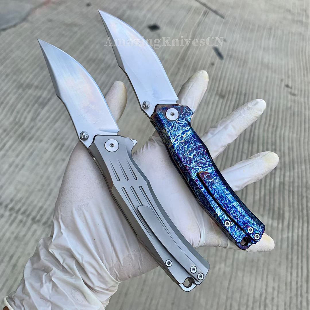 Sandvik 14C28N Steel Steel Pocket Knife TC4 Titanium Handle Ball Bearing with Clip - AK-HT1011