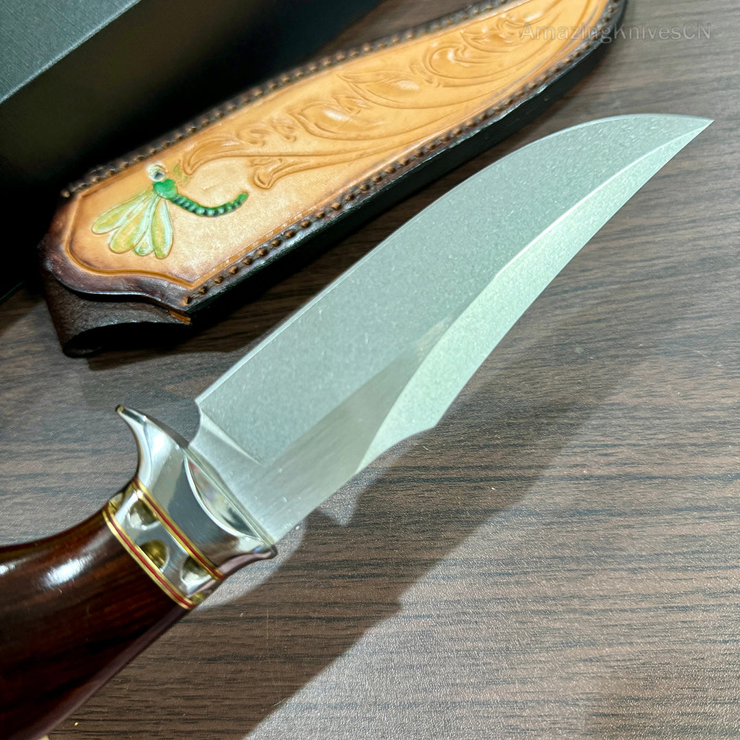 High Quality M390 Steel Bowie Knife Fixed Blade Ironwood Handle with Leather Sheath - AK-HT0853