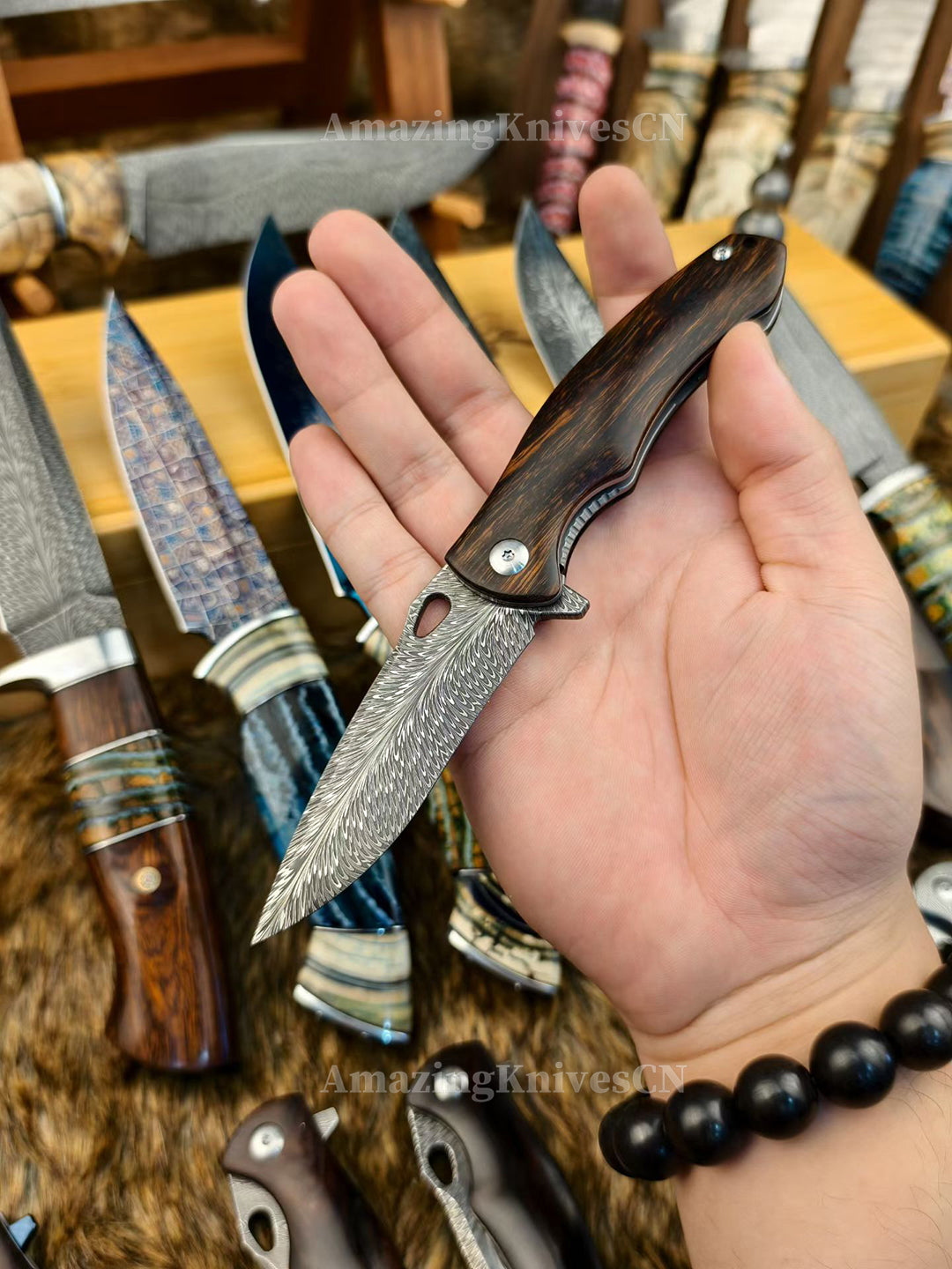 Collectible Feather Knife Folding Pocket Knife Survival Tactical Ball Bearing Flipper with Leather Sheath - AK-HT1010