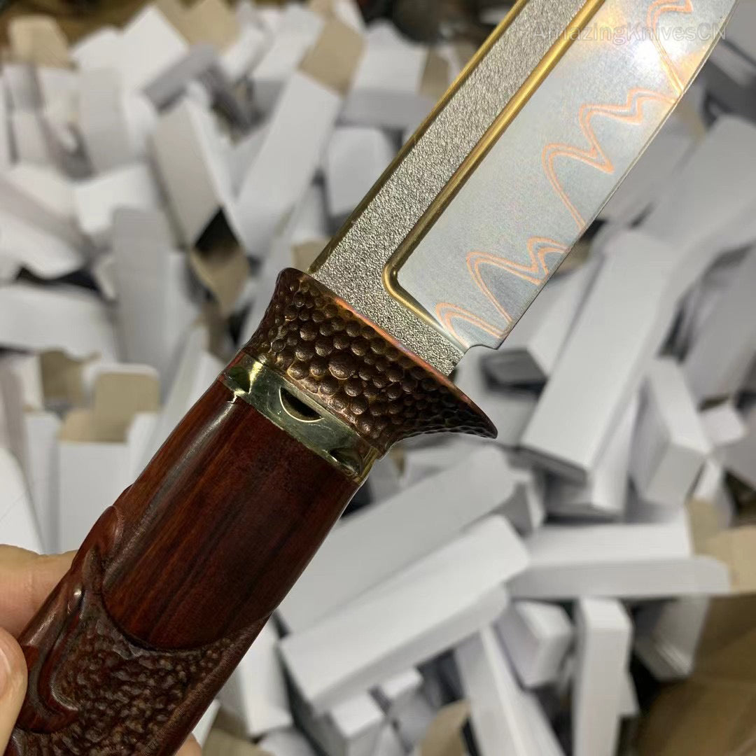 Collectible Handcrafted Copper Damascus Steel Knife Full Tang Desert Ironwood - AK-HT0910-2