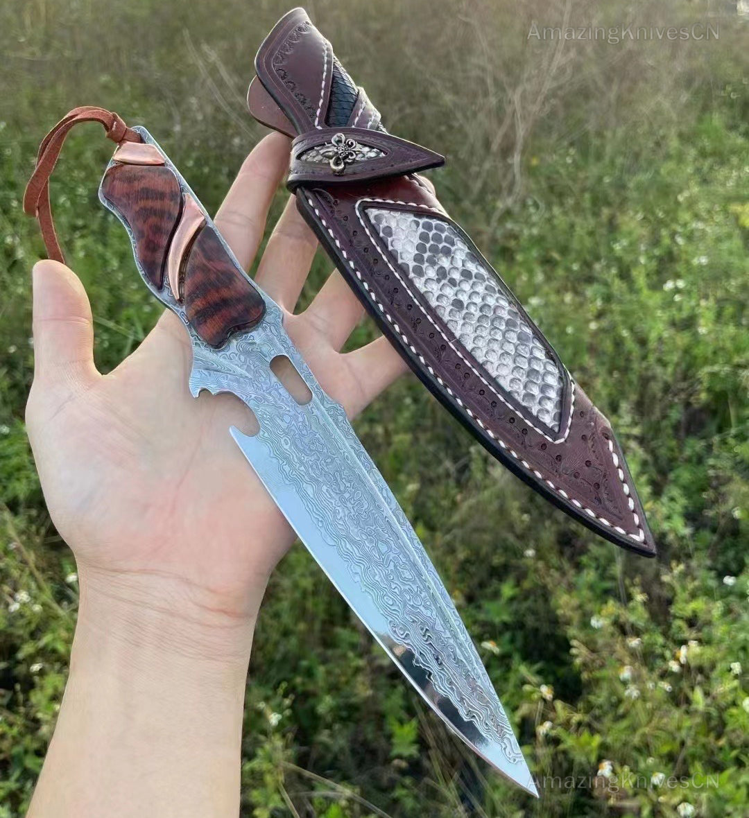 Japanese VG10 Damascus Steel Survival Hunting Knife Tactical Blood Grooved Full Tang - AK-HT0302