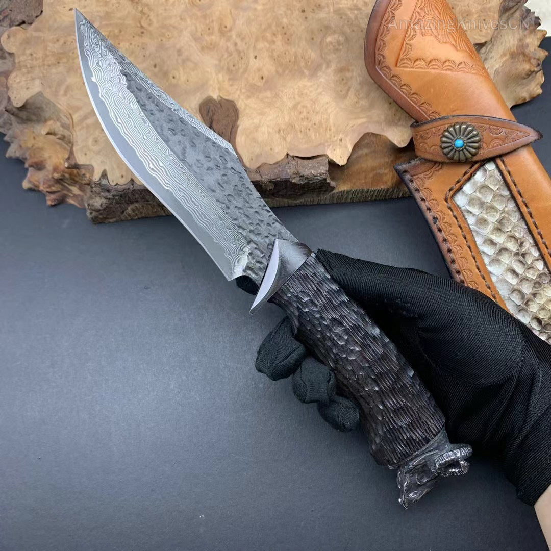 Forged VG10 Damascus Steel Hunting Knife Survival Knife Bowie Black Goat Head - AK-HT0731-D