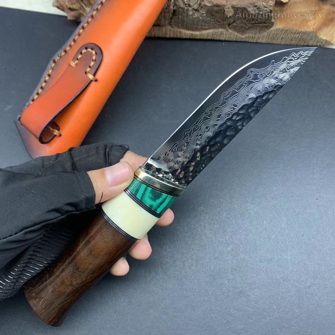Vg10 Damascus Hunting Knife Fixed Blade Wood Handle with Sheath Camping Survival- AK-HT0367