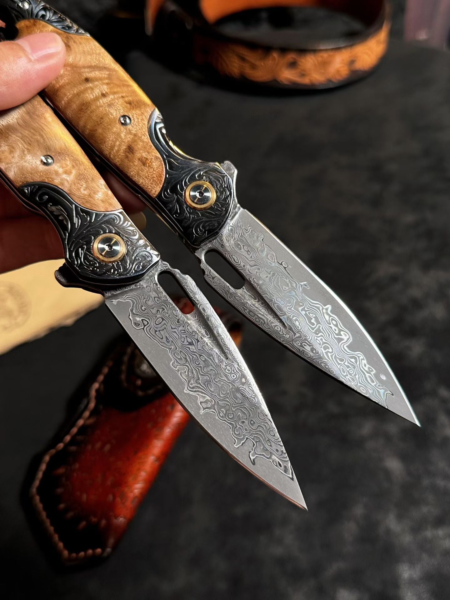 Premium Handmade Damascus Folding Knife with Rare White Burl Wood Handle - AK-HT1058