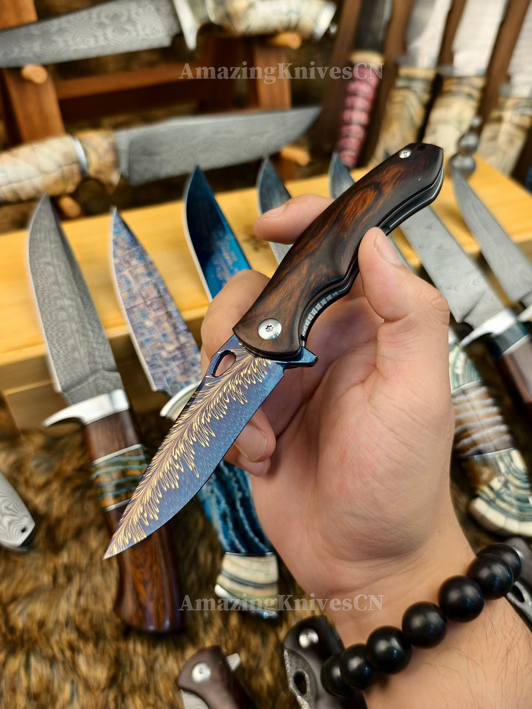 Collectible Feather Knife Folding Pocket Knife Survival Tactical Ball Bearing Flipper with Leather Sheath - AK-HT1010