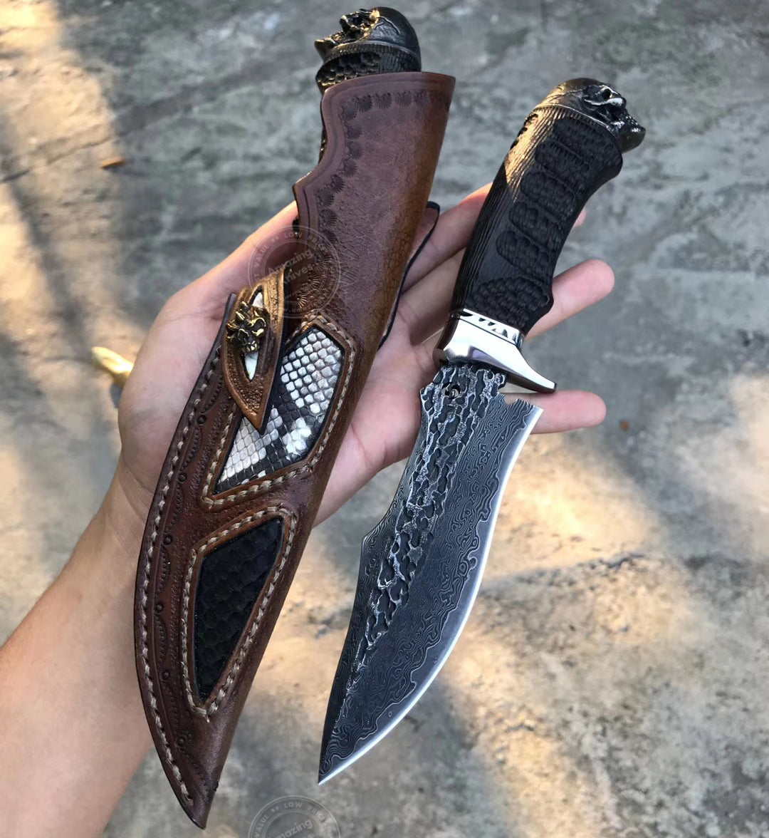 VG10 Hunting Knife Fixed Blade Damascus Steel Handcrafted Survival Knife Skull Head -AK-HT0497