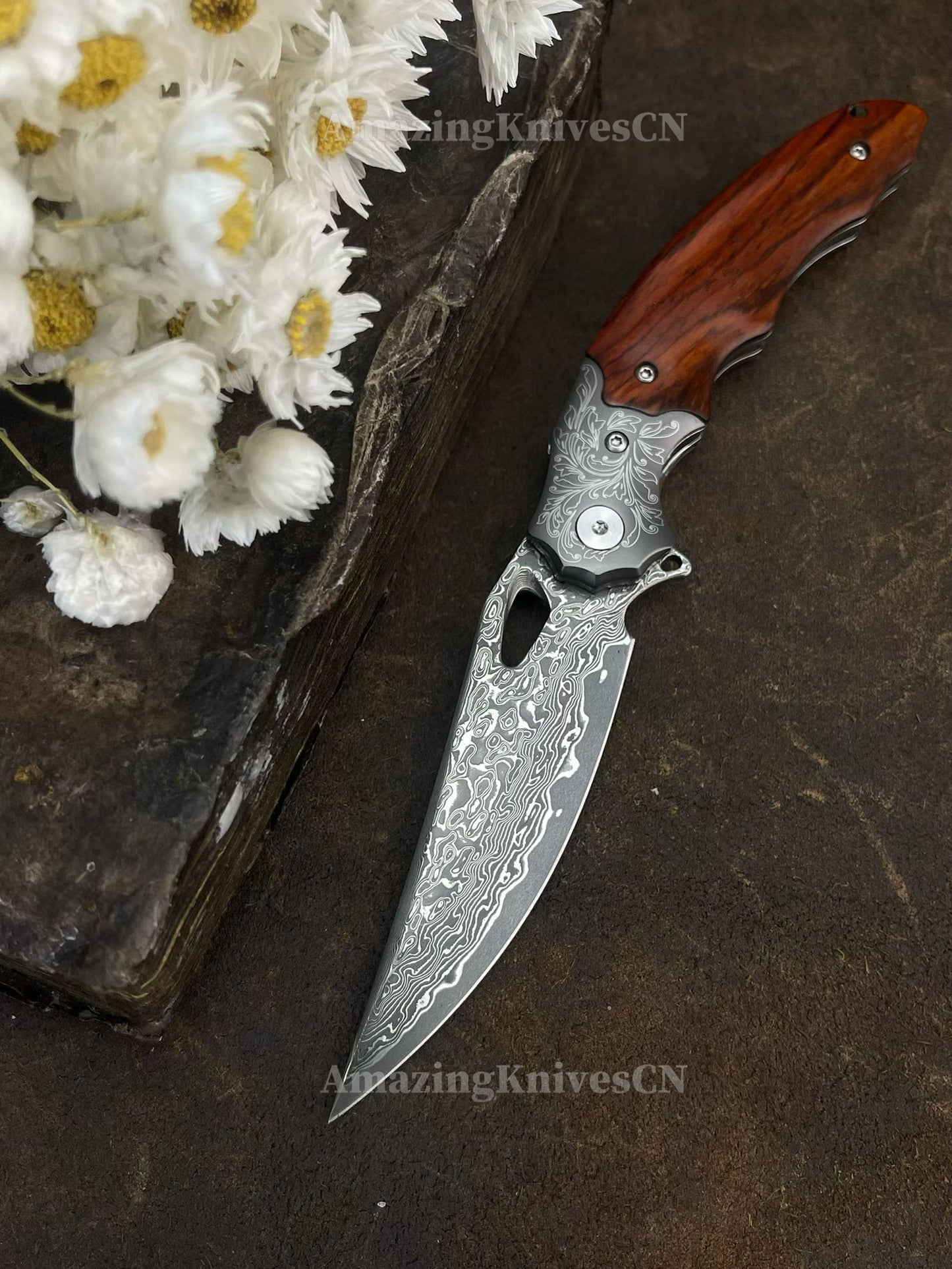 Handmade 78-Layer Damascus Steel Pocket Knife Rosewood Handle Ball Bearing Pivot - AK-HT1004