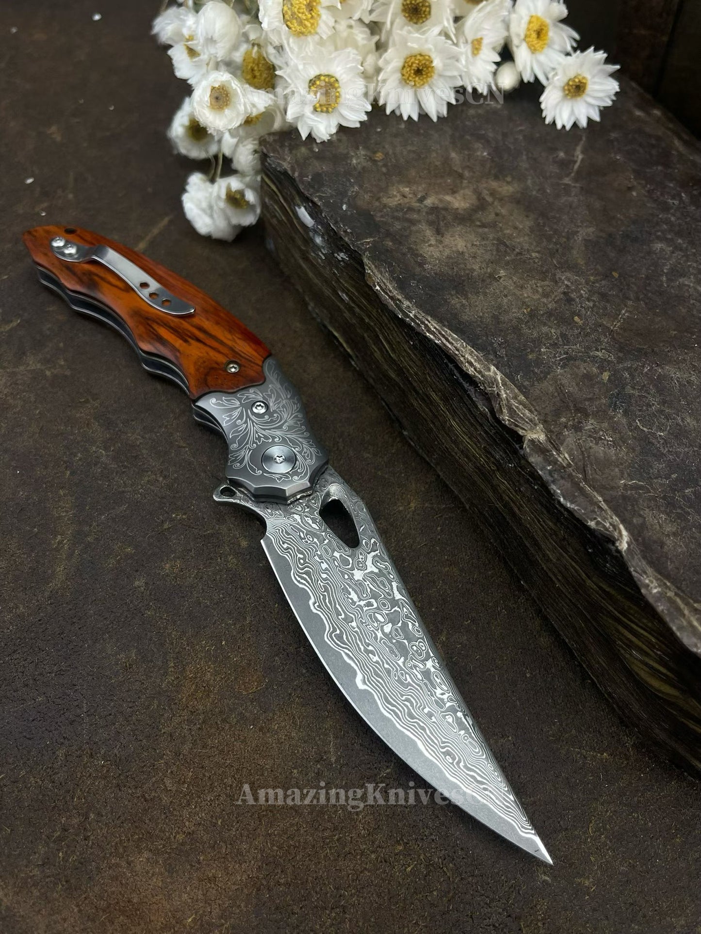 Handmade 78-Layer Damascus Steel Pocket Knife Rosewood Handle Ball Bearing Pivot - AK-HT1004