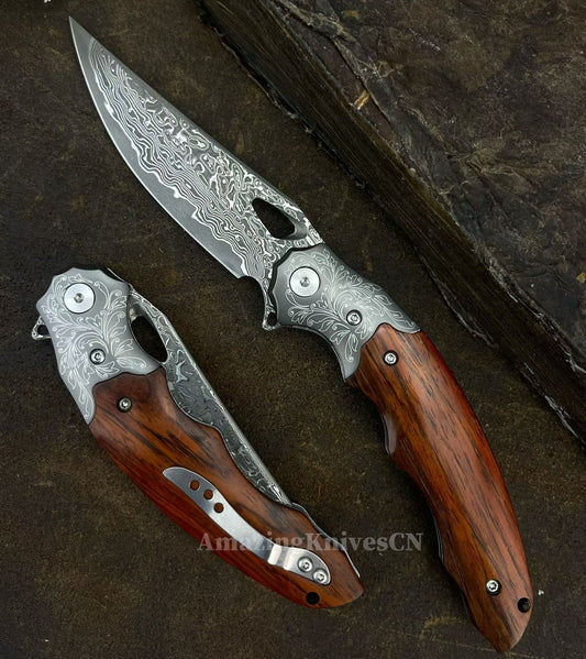 Handmade 78-Layer Damascus Steel Pocket Knife Rosewood Handle Ball Bearing Pivot - AK-HT1004