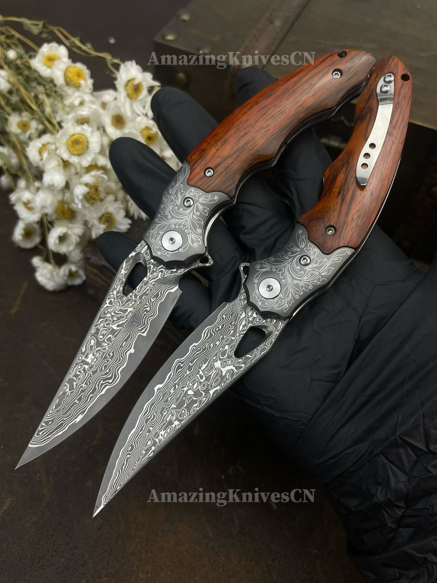 Handmade 78-Layer Damascus Steel Pocket Knife Rosewood Handle Ball Bearing Pivot - AK-HT1004