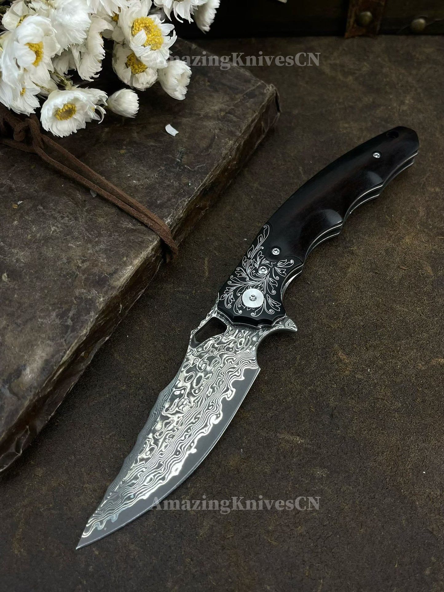 Handmade Damascus Steel Pocket Knife Ebony Wood Handle Ball Bearing Pivot - AK-HT1005
