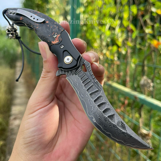 "Abyss" Folding Knife – VG10 Damascus Steel, Carbon Fiber Handle, Ball Bearing Pivot, Collector’s Edition - AK-HT1003